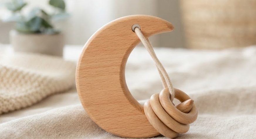 Wooden Teether & Rattle — detail view